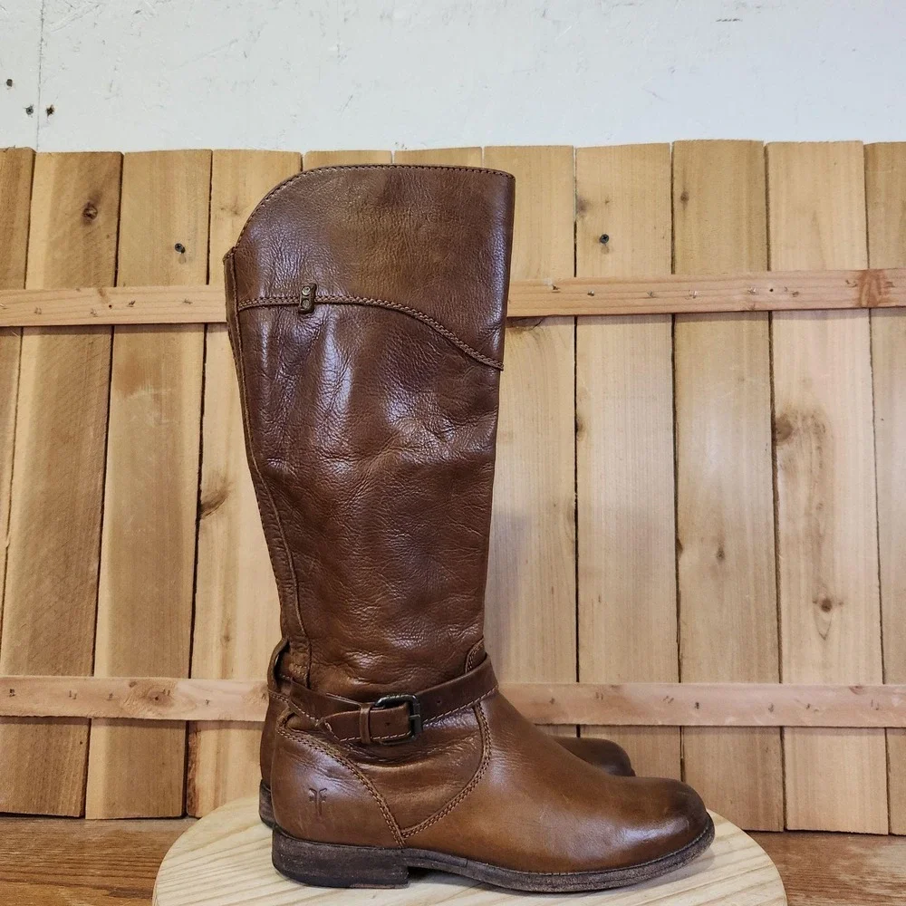 Frye Phillip Riding Boots Womens 8.5 B Brown Leather Knee High Side Zip Buckle